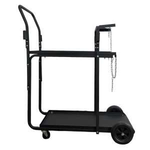 Three tier professional welding cart with integrated dual zinc safety chains.
